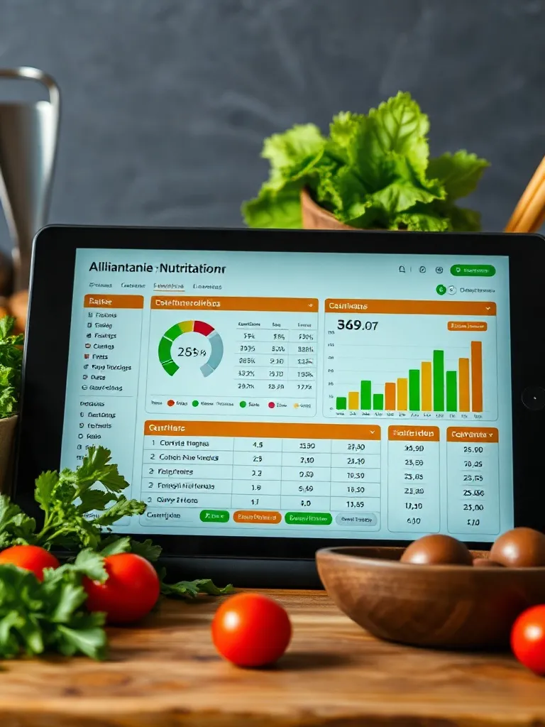 A professional digital interface showing nutritional charts,