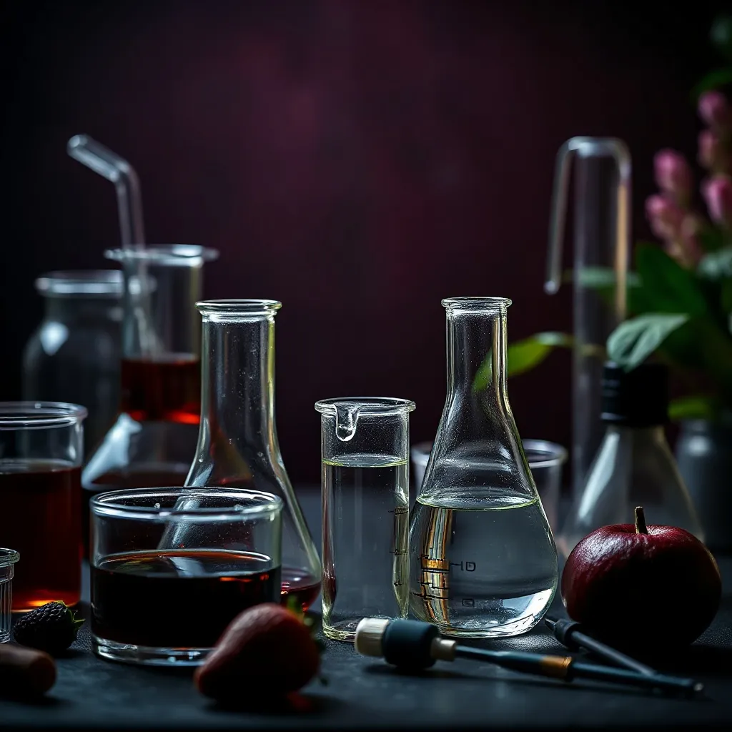 Close up of scientific laboratory equipment, glass beakers a