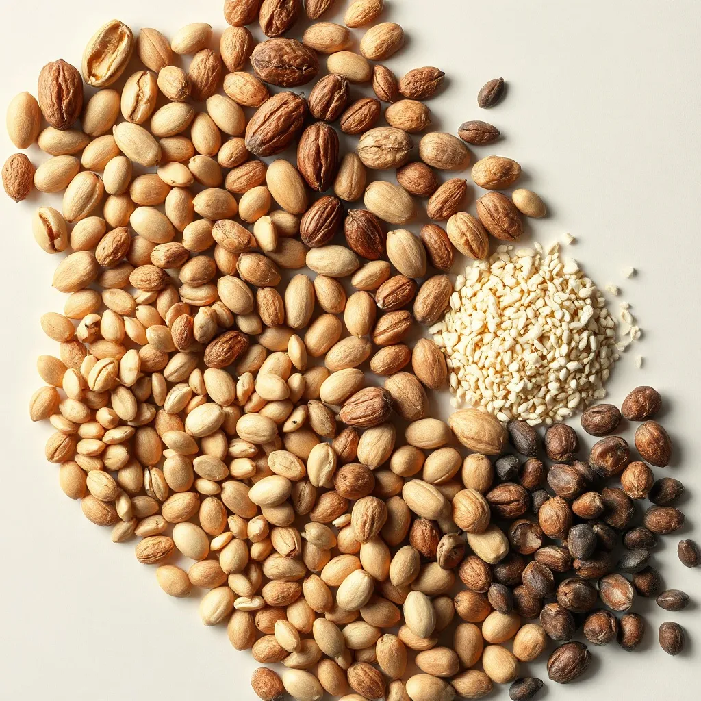 A technical grid of various seeds, nuts, and grains arranged
